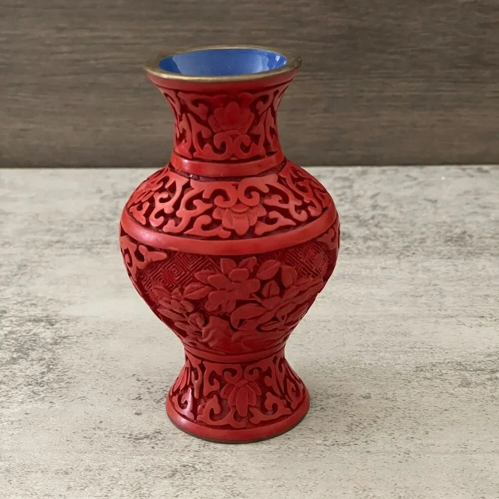 Vintage Red Cinnabar Blue Enamel Brass Hand Carved Lacquer Bud Small Vase 4.25